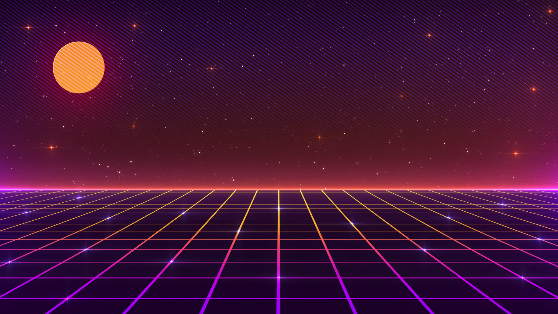 Retro-futuristic digital landscape with a glowing grid floor, starry sky, and orange sun on a gradient purple and orange background.