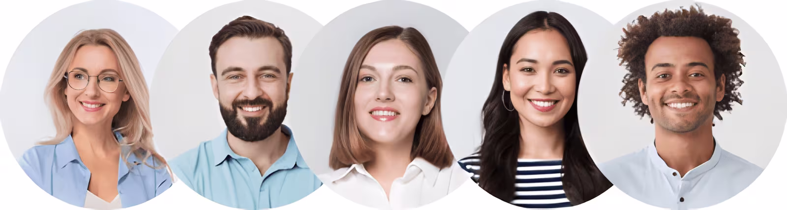 Group of five diverse smiling professionals in circular portrait frames against light backgrounds.
