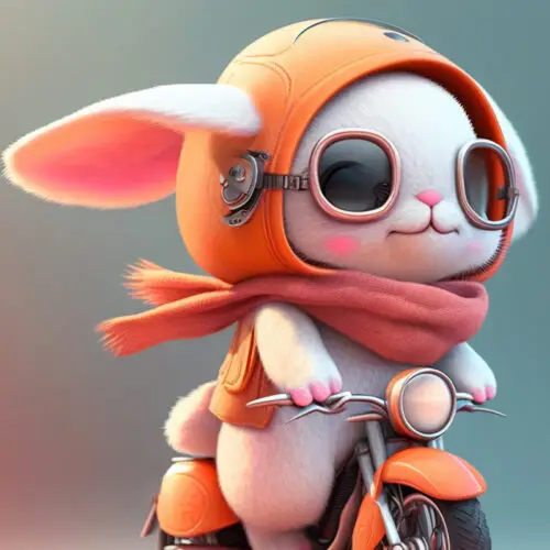 Cute white cartoon bunny wearing an orange helmet, goggles, and scarf while riding a small orange motorcycle.